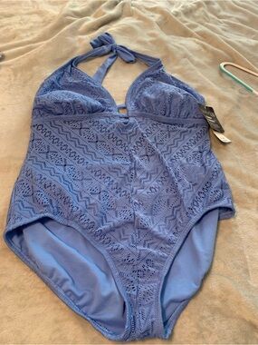 Woman’s  One-Piece Halter Swimsuit in Periwinkle Lace 1x simply slim